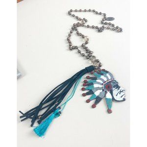 Southern Junkie 16” Long Metal Indian Chief Statement Necklace Turquoise Red GUC